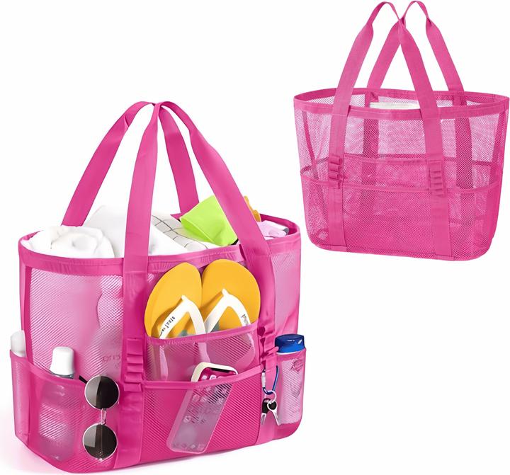 Image du produit Only-Bags.Store 1 Stück Stylish Large Mesh Beach Bag - faltbare leichte Tasche mit Mini-Taschen, übergrosse