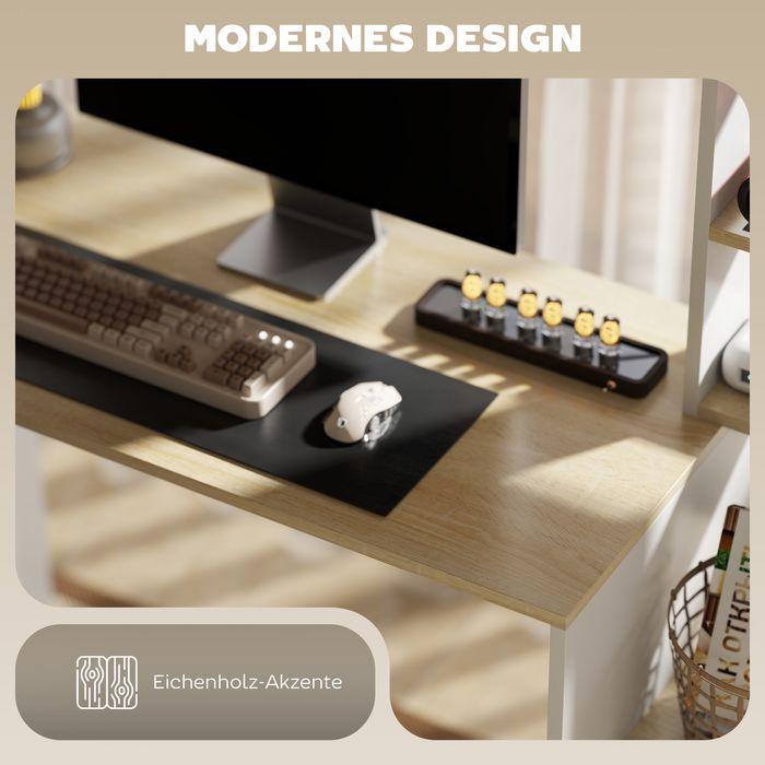 Produktbild Swisshandel24 Computertisch, Schreibtisch mit offenen Regalen und Ablagefächern, aus Stahl, Hellbraun+Weiss (113 x 45 x 138.50 cm)