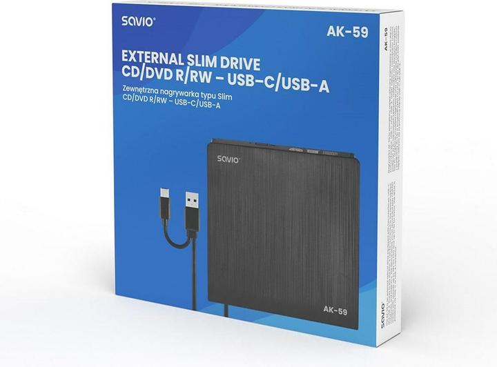 Produktbild Savio AK-59 Externer schlanker CD/DVD-Recorder R/RW - USB-C/USB-A, juodas (DVD Brenner)