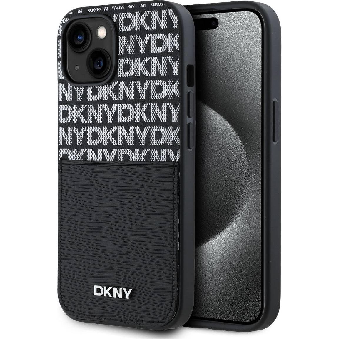 DKNY PU Leather Repeat Pattern Card Pocket Case for iPhone 14 Black (Apple iPhone 14), Smartphone Hülle, Weiss