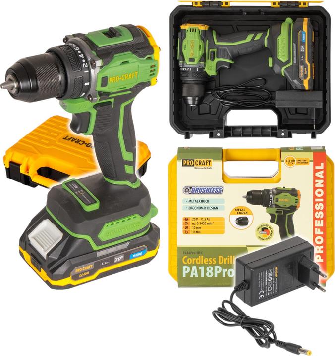 Produktbild Procraft PA18Pro Akku Bohrschrauber 20 V 30 Nm Brushless + 1x Akku 1,5 Ah + Ladegerät + Koffer