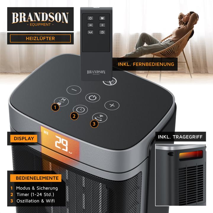 Image du produit Brandson Keramik-Heizlüfter 1500W, WiFi, Timerfunktion, Überhitzungsschutz, inkl. Fernbedienung, schwarz (1500 W)