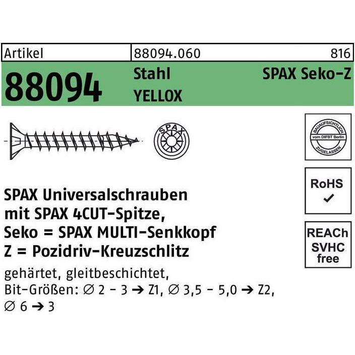 Spax, Schrauben, Schraube R 88094 Senkkopf m.Spitze/Kreuzschl.-PZ 4,5 x 25/19-Z Stahl galvanisch verzinkt gelb (1000 Sch...