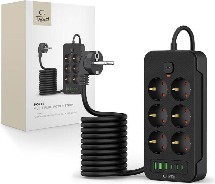 Actual product image Tech-Protect PC6X6 Power Strip 6 Sockets 240V + 3xUSB-A + 3xUSB-C 200cm - Black (3 x, USB-A, USB-C, 2 m)