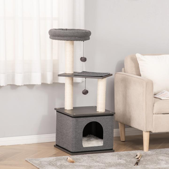Immagine prodotto PawHut Albero per gatti con grotta per gatti e palline sospese (104 cm, Grigio scuro)