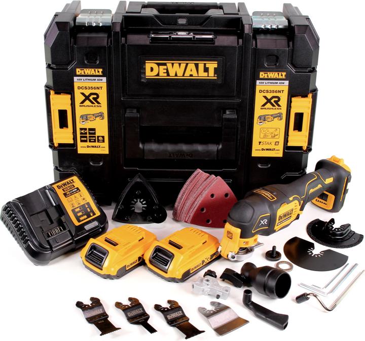 Produktbild DeWalt DCS 356 S2 Akku Multitool 18V Brushless + 35tlg. Zubehör + 2x Akku 2,0Ah + Ladegerät + TSTAK