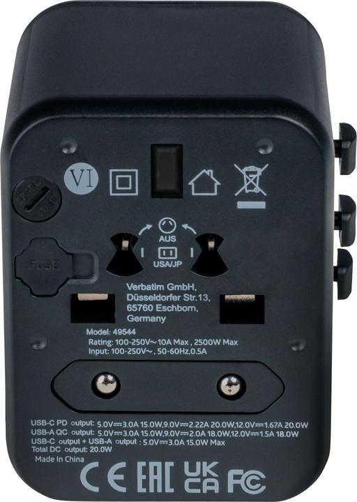 Actual product image Verbatim Universal Travel Adapter with 1 x USB-C PD 20W / 1 x USB-A QC 3.0