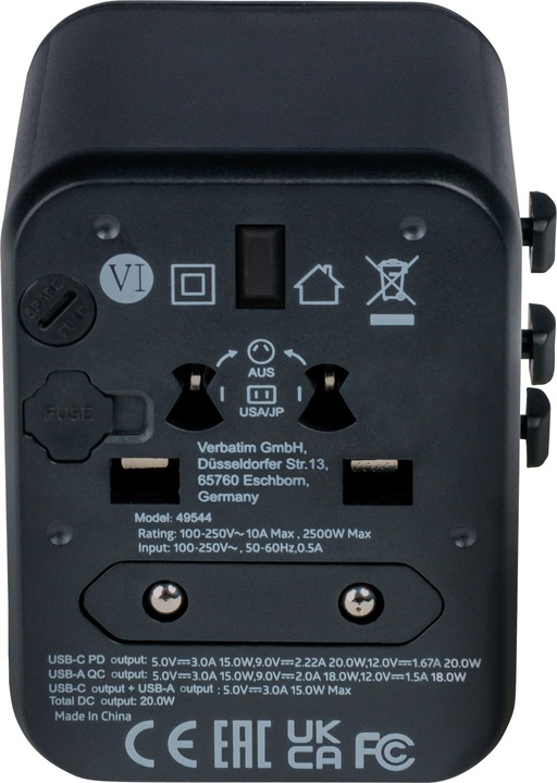 Immagine prodotto Verbatim Adattatore da viaggio universale con 1 x USB-C PD 20W / 1 x USB-A QC 3.0
