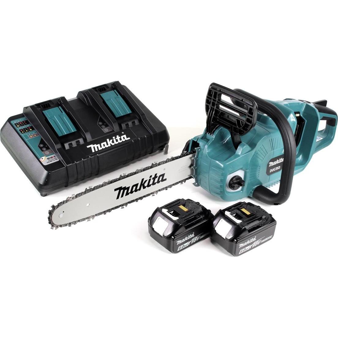 Makita, Kettensäge, DUC 353 PG2 Akku Kettensäge 36V ( 2x18V ) Brushless 35 cm + 2x 6,0 Ah Akku + Doppelladegerät (Akku K...