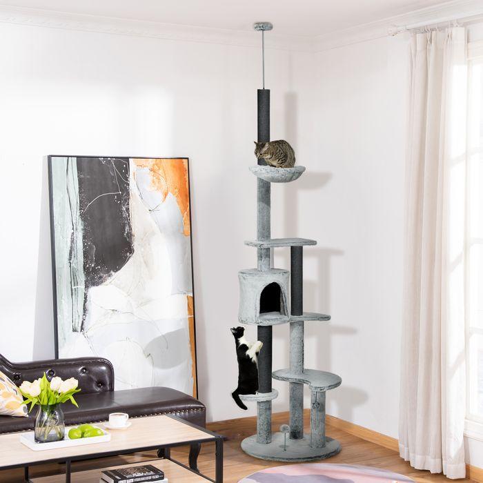 Actual product image Swisshandel24 Scratching post ceiling high, 225-255 cm with cat cave, scratching posts, basket, play ball, grey (Grey)