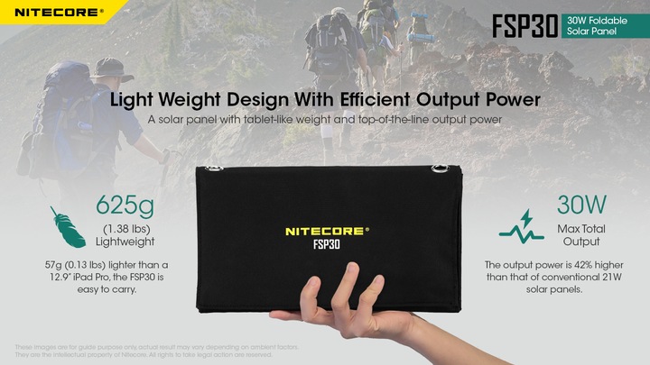 Actual product image Nitecore FSP30 foldable solar panel with max. 30W with USB-C 2x USB-A output (30 W, 0.63 kg)