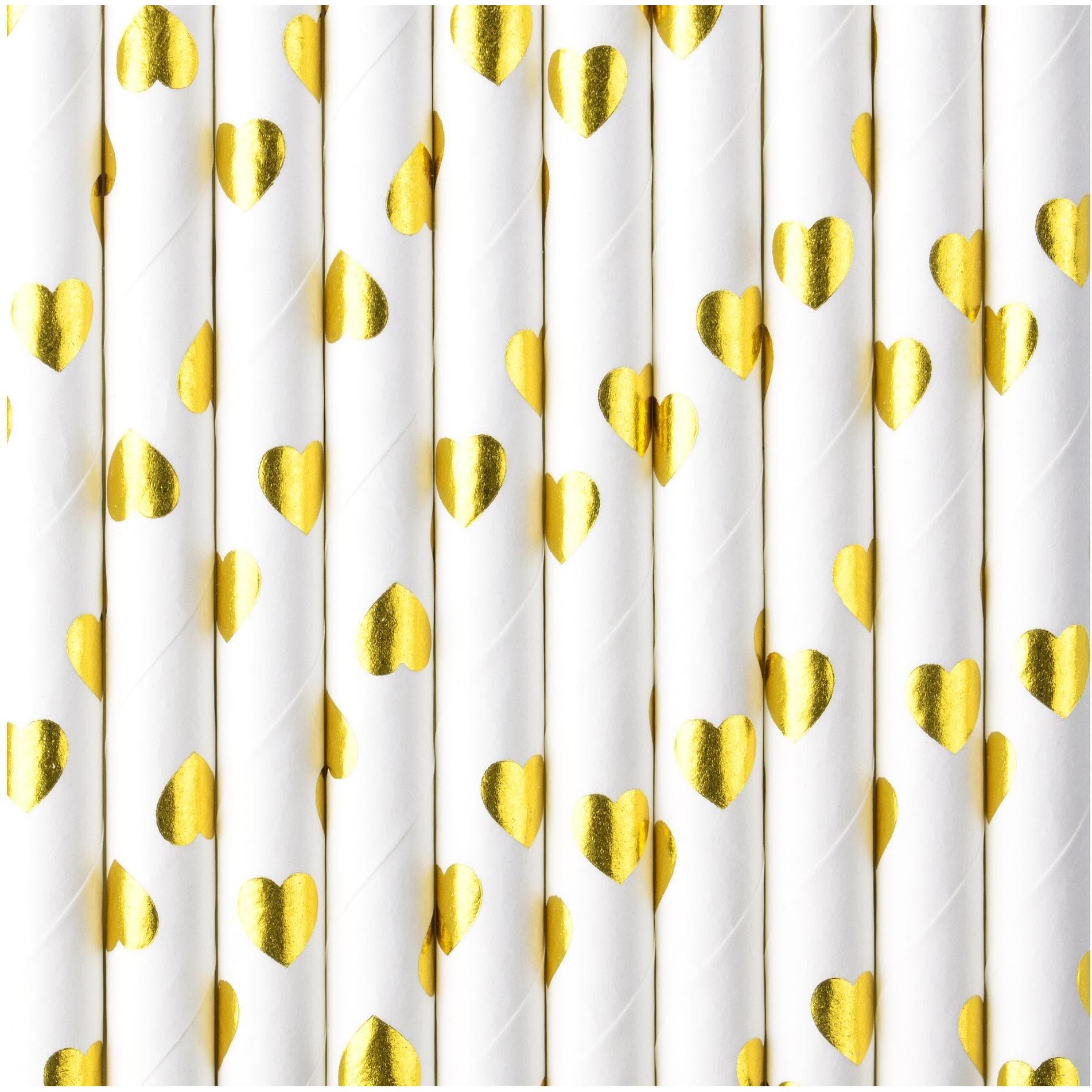 Thumbnail - Partydeco Papierstrohhalme - Herzen Gold (10St.), Strohhalm, Gold