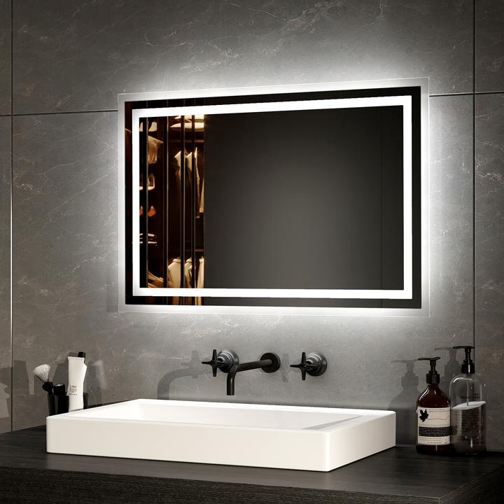 Produktbild Emke Badspiegel LED 40x60 cm, Warm-/Kaltweiss, Kippschalter, Antibeschlag, Aluminiumrahmen, IP44