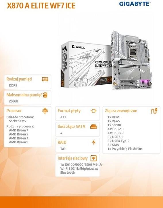 Immagine prodotto Gigabyte X870 A ELITE WF7 ICE AM5 ATX MB (AM5, AMD X870, ATX)