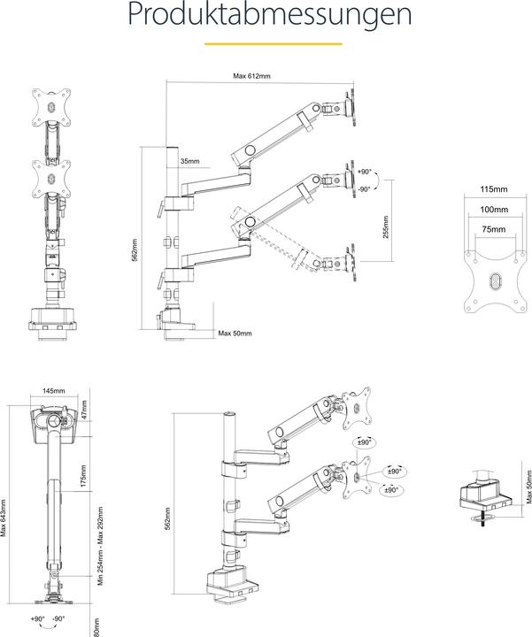 Produktbild StarTech com ARMDUALPIVOT, Klemme, 16 kg, 81,3 cm (32 Zoll), 100 x 100 mm, Höhenverstellung, Schwarz (Tisch, 32", 16 kg)