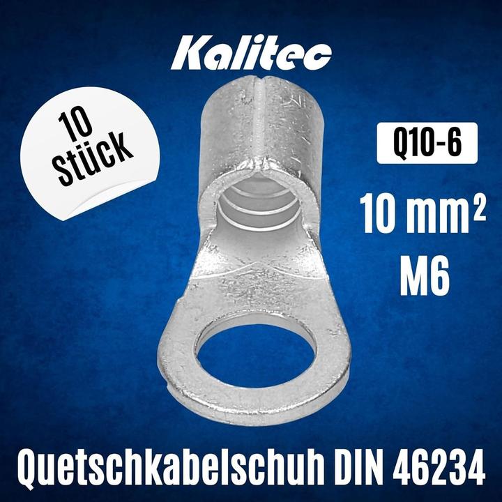 Produktbild Kalitec 10 Stück Q10-6 Quetschkabelschuh 10mm² M6 I Unisoliert I Dornpressung I Für mehr-, fein- und