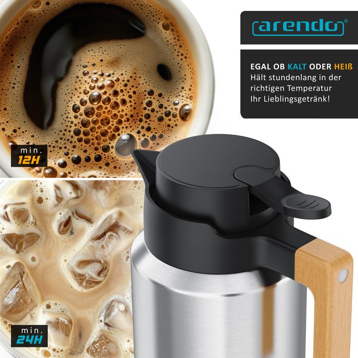 Immagine prodotto Arendo Isolierkanne 1,2 L, Thermoskanne Edelstahl mit Holzgriff, doppelwandig, auslaufsicher, 1200 ml (1.20 l)