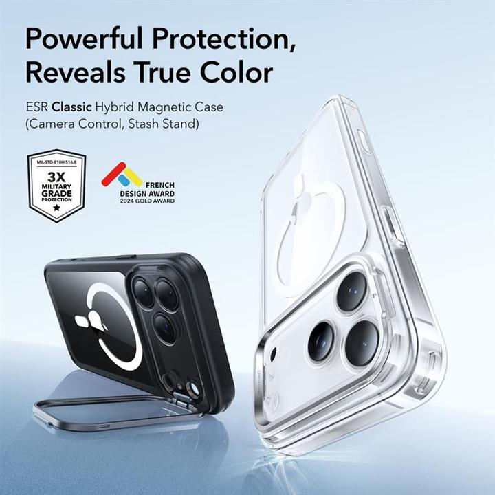 Actual product image ESR Classic Hybrid Magnetic Case (Camera Control, Stash Stand), for iPhone 17 Pro, Clear Black (Apple iPhone 17 Pro)