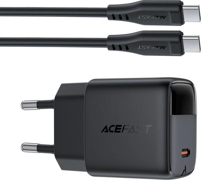 Productafbeelding Acefast A113 GaN PD 20W USB-C wandoplader met display met USB-C kabel - Zwart (20 W, 1 portie)
