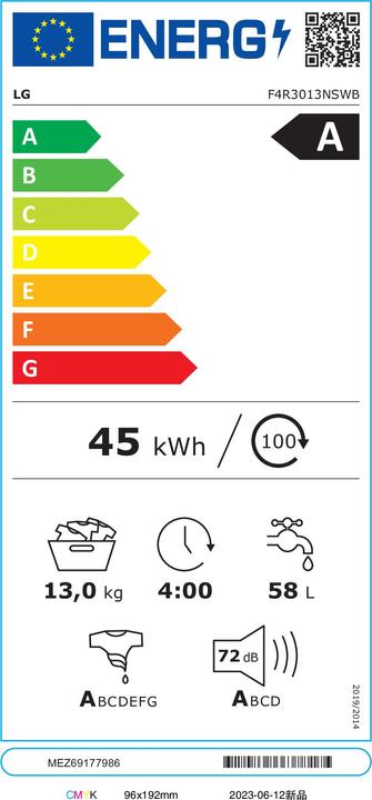Energy Label LG F4R3013NSWB 13Kg AI DD Washing Machine Class (13 kg, Left)