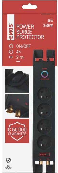 Productafbeelding Emos P54022 overspanningsbeveiliging Zwart 4 AC-uitgang(en) (4x, CEE 7/5, 2 m)