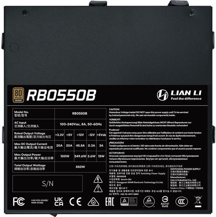 Produktbild Lian-Li RB Series 80 PLUS Bronze Netzteil, teilmodular, ATX 3.1 - 550 Watt, schwarz (550 W)