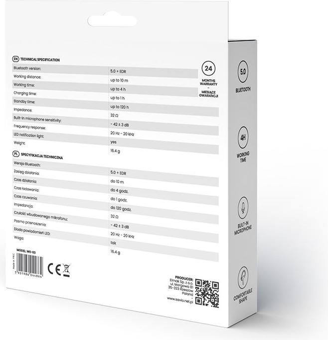 Produktbild Savio WE-03 Kabellose Bluetooth-Kopfhörer (keine Geräuschunterdrückung, 3 h, Kabellos)