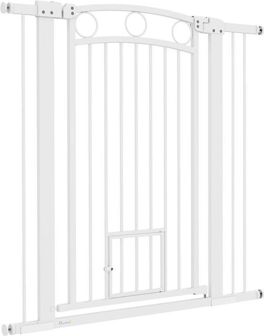 Actual product image Swisshandel24 Türschutzgitter Hund, 76-104 cm Absperrgitter ohne Bohren, mit Katzentüre, Treppengitter, weiss