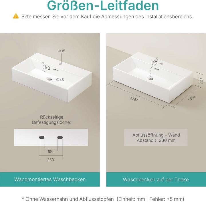 Produktbild Emke Aufsatzwaschbecken Keramik Waschbecken Eckiger Hängewaschbecken Waschtisch, Modernes Design für (360 mm, 600 mm)