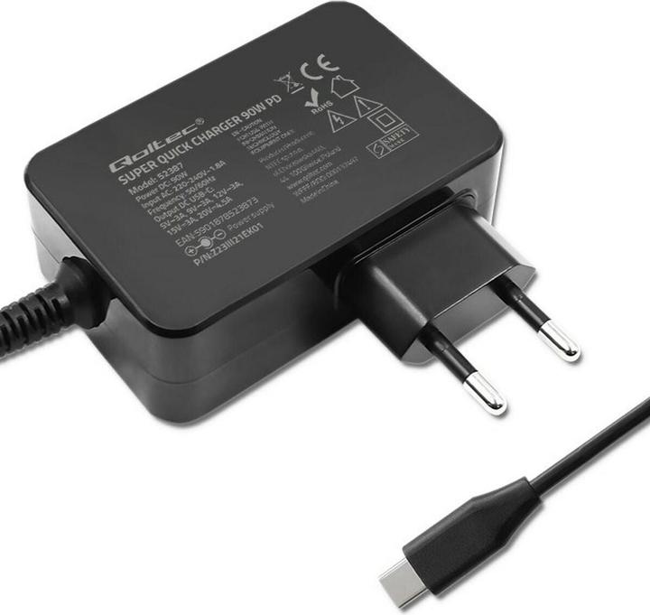 Actual product image Qoltec Ładowarka GaN POWER PRO | 1xUSB-C | 90W | 5-20V | 3-4.5A | Czarna (90 W, 1 portion)