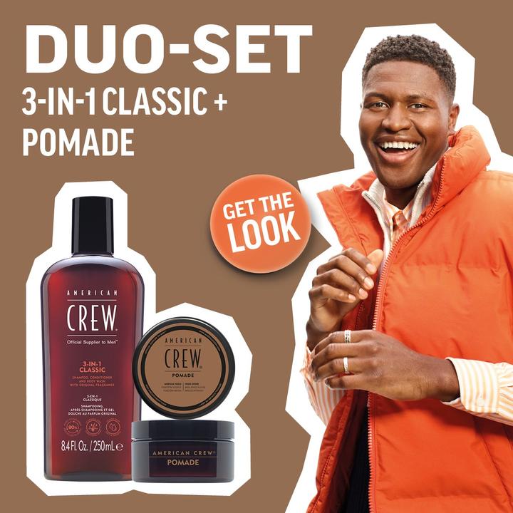 Immagine prodotto American Crew Set Duo Vacanze: Shampoo, Balsamo e Lavaggio Corpo Classico 3 in 1 250ml + Pomata 50g (Set per la cura dei capelli)