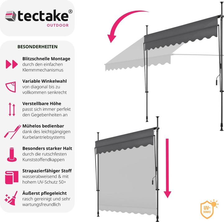 Produktbild tectake Klemmmarkise mit Handkurbel, höhenverstellbar (2.50 m)