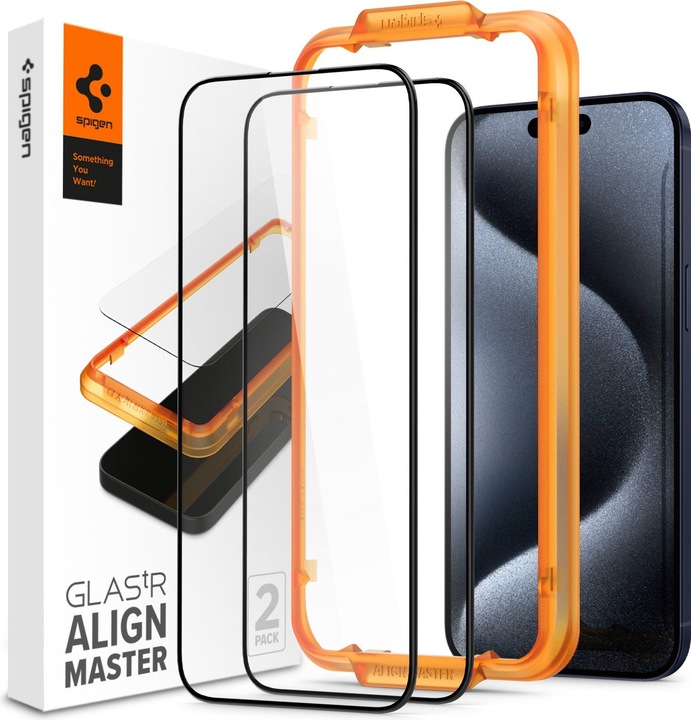 Spigen TEMPERED ALM GLASS FC 2-PACK IPHONE 15 PRO BLACK (2 Piece, Apple iPhone 15 Pro)