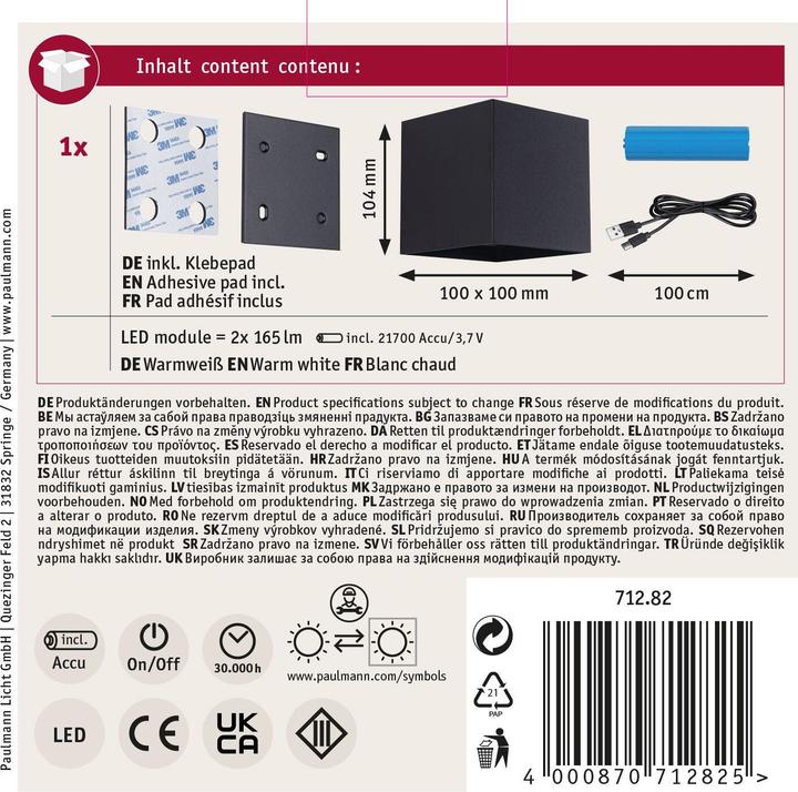 Immagine prodotto Paulmann Akkuwandleuchte Nyara (330 lm, IP44)