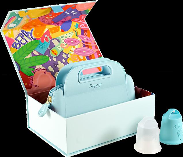 Beppy Cups "OCEAN" Turquoise/Transparent, Box with two menstrual cups and storage bag