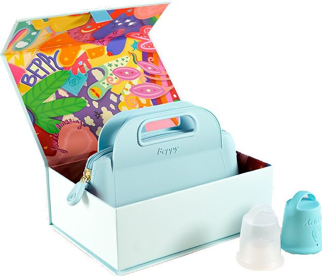 Actual product image Beppy Cups "OCEAN" Turquoise/Transparent, Box with two menstrual cups and storage bag