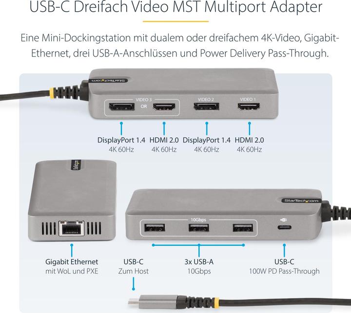 Produktbild StarTech COM USB-C Triple-Monitor Multiport Adapter HDMI/DisplayPort USB Hub 3-Port 10Gbps USB Hub P (USB-C, 6 Ports)