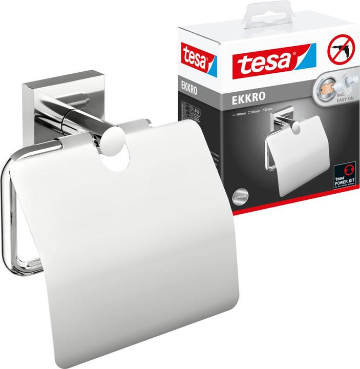 tesa EKKRO Toiletrolhouder met deksel, verchroomd - Toiletrolhouder voor wandmontage zonder boren