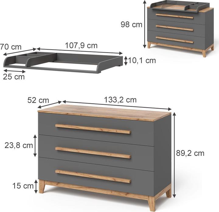Produktbild VitaliSpa Wickelkommode Malia, Grau/Artisan/Artisan, 133.2 x 98 cm mit 3 Schubladen