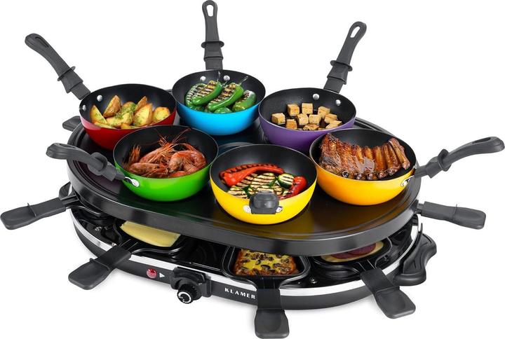 Produktbild KLAMER Raclette-Wok 1200 W – Raclette Grill mit 6 Wokpfännchen & 8 Raclettepfännchen, Antihaftb…