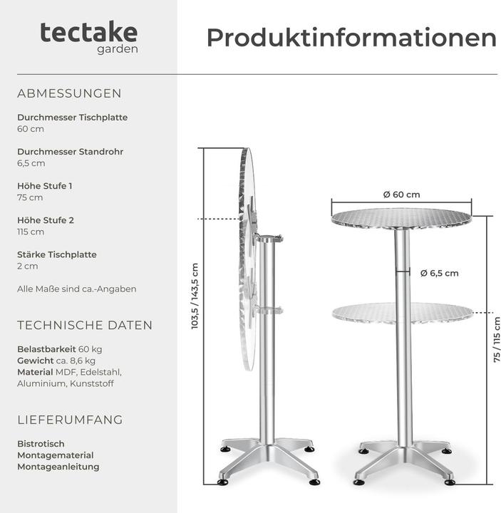 Produktbild tectake Bistrotisch (Ø 60 x 114 cm)