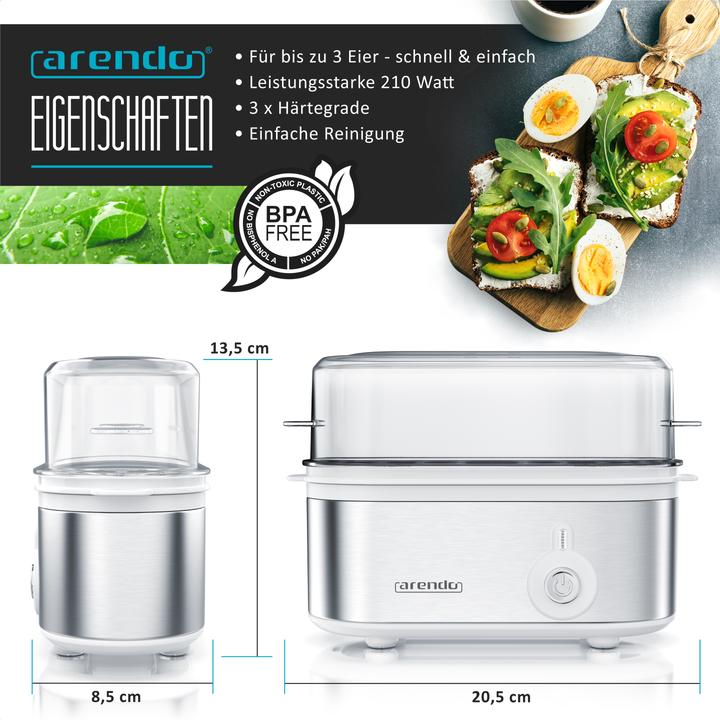 Produktbild Arendo Eierkocher 3-fach, Edelstahl, frei wählbarer Härtegrad, Anzahl Eier: 3 St., 210 W, Threecook