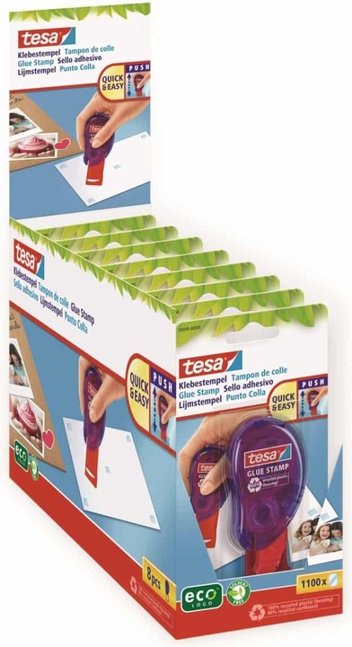 Produktbild tesa Klebestempel ecoLogo, doppelseitige Klebepads zum schnellen Verkleben von Papier, Pappe & Fotos