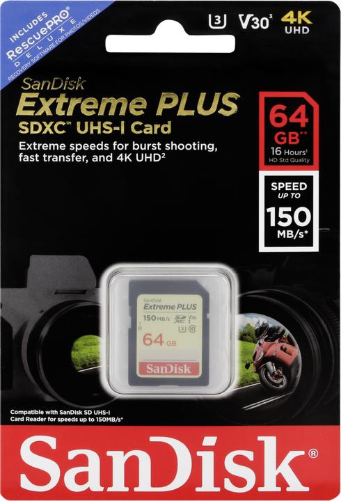 Produktbild SANDISK Extreme Plus SDXC 64GB 150MB V30 U3 (64 GB, SDXC, U3, UHS-I)