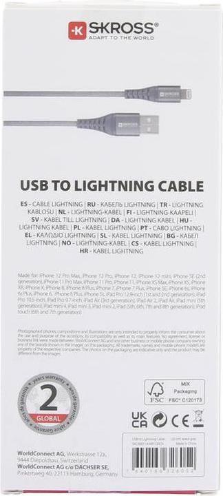 Actual product image Skross USB Cable USB to Lightning Cable, Braiding, 1.20m space gray (1.20 m, USB 2.0)