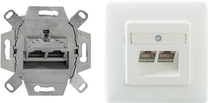 Produktbild Rutenbeck Netzwerkdose Unterputz Einsatz mit Zentralplatte und Rahmen CAT 6 2 Port Reinweiss