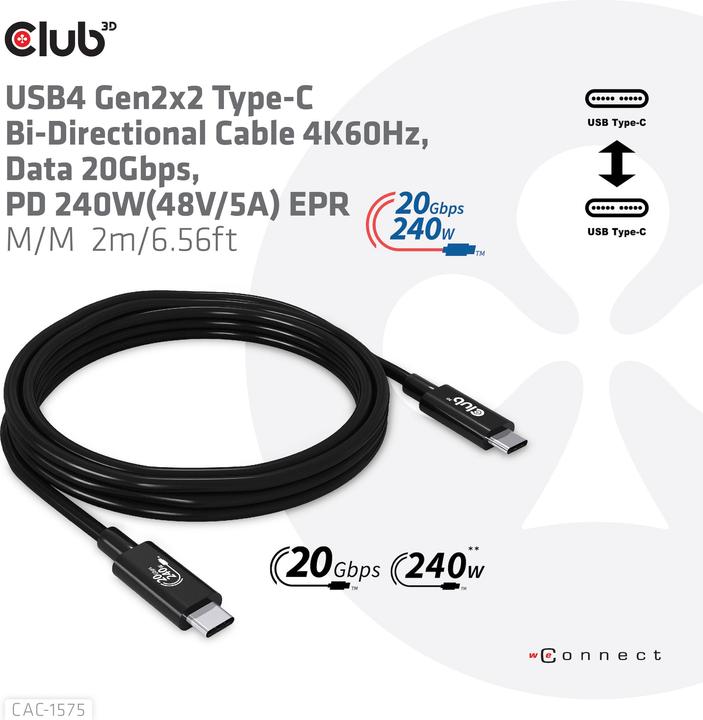 Actual product image Club 3D USB C – USB C (2 m, USB 4.0, 240 W)