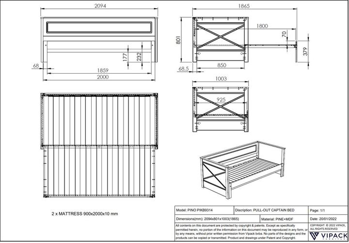 Produktbild Vipack Pino Ausziehbares Kojenbett Weiss (90 x 200 cm)