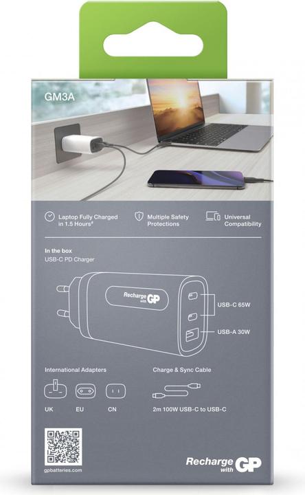 Image du produit GP Batteries GP GaN Adaptateur de charge rapide USB 65W PD 2xUSB-C & 1xUSB-A blanc (65 W)