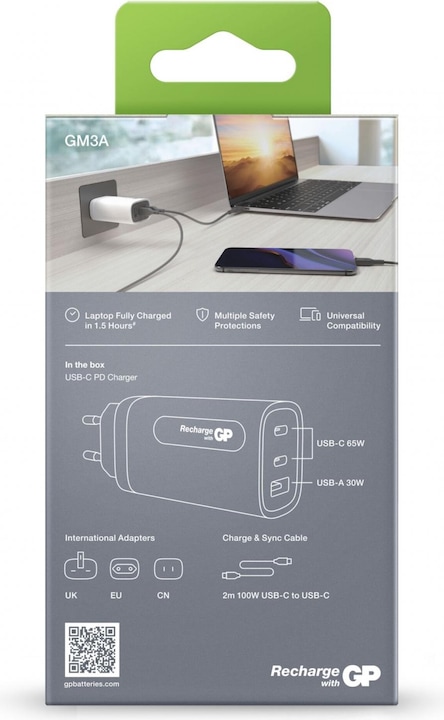 Produktbild GP Batteries GP GaN USB Schnelladeadapter 65W PD 2xUSB-C & 1xUSB-A weiss (65 W)